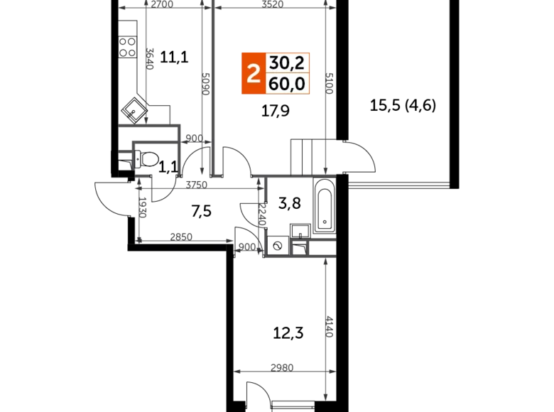 Квартира 2 комнаты 60 м² Veshki, Россия