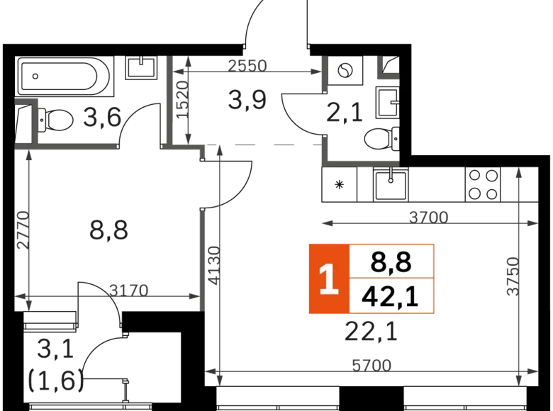 Квартира 1 комната 42 м² Москва, Россия