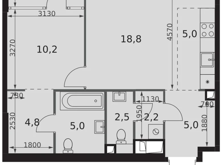 2 room apartment 57 m² Moscow, Russia