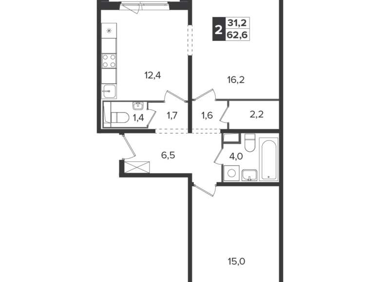 Квартира 2 комнаты 62 м² Москва, Россия