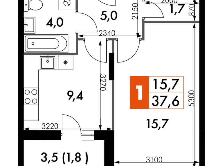 Квартира 1 комната 38 м² Развилка, Россия