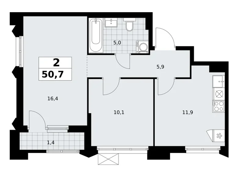 2 room apartment 51 m² Troitsk, Russia