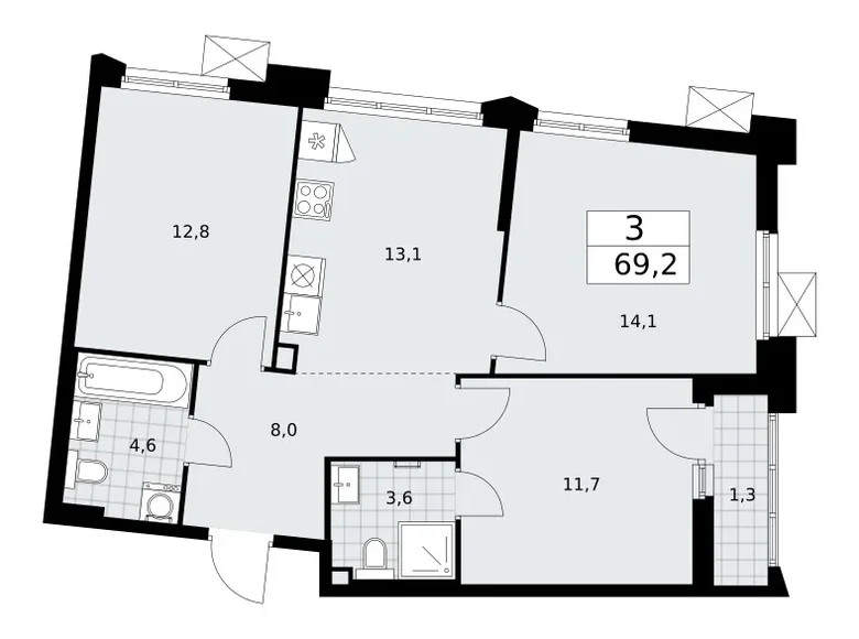 Appartement 3 chambres 69 m² Troïtsk, Russie