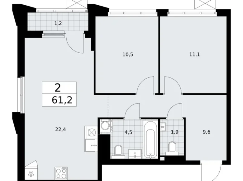 2 room apartment 61 m² Troitsk, Russia