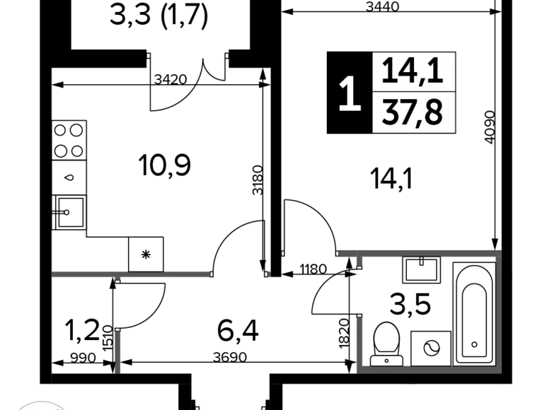 Квартира 1 комната 38 м² Химки, Россия