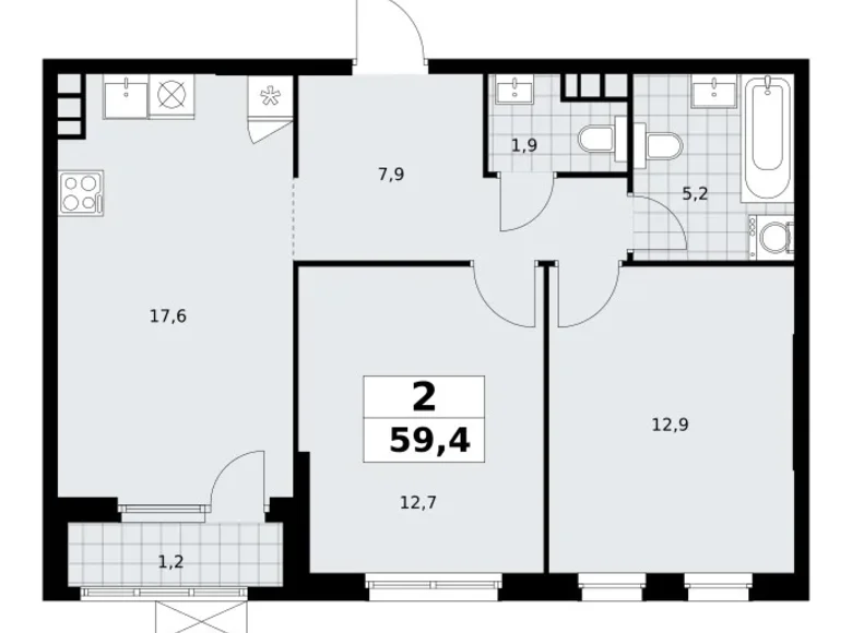 2 room apartment 59 m² South-Western Administrative Okrug, Russia