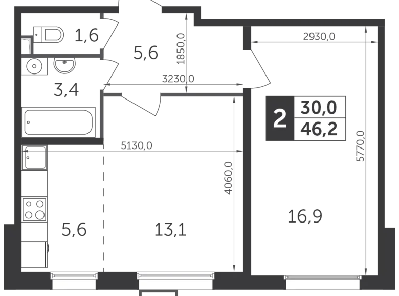 2 room apartment 46 m² Veshki, Russia