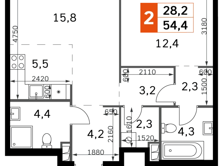 2 room apartment 54 m² North-Western Administrative Okrug, Russia