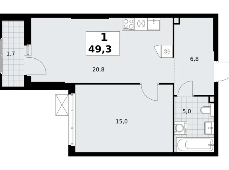 Квартира 1 комната 49 м² район Троицк, Россия