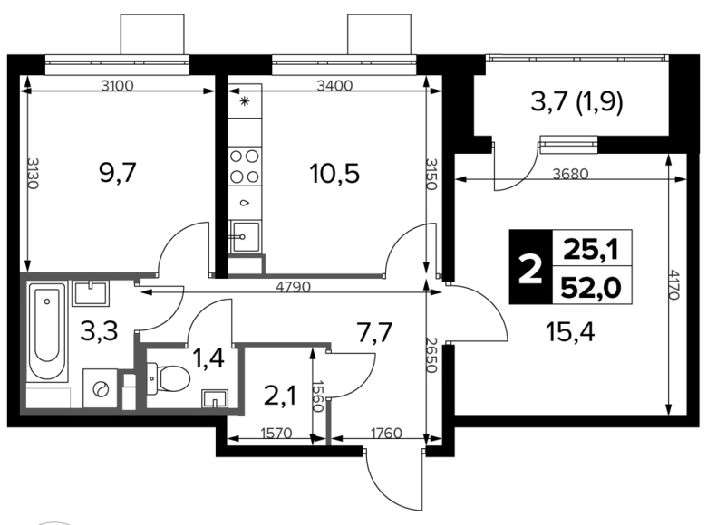 Apartamento 2 habitaciones 52 m² Potapovo, Rusia