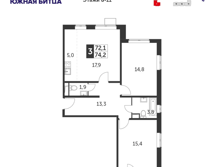 Квартира 3 комнаты 73 м² Москва, Россия