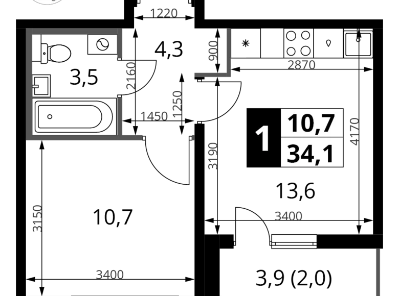 Квартира 1 комната 34 м² Ленинский район, Россия