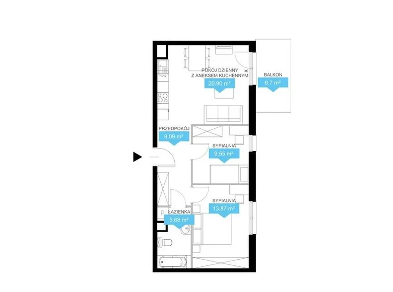 Квартира 3 комнаты 58 м² Познань, Польша