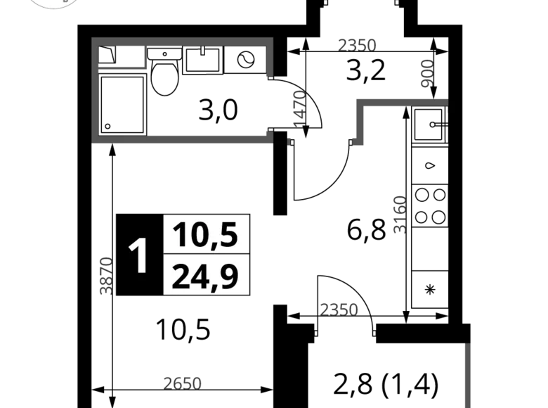 Студия 1 комната 25 м² Ленинский район, Россия