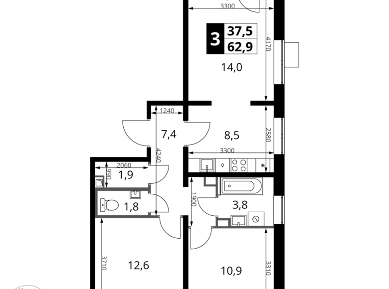 Квартира 3 комнаты 63 м² Ленинский район, Россия