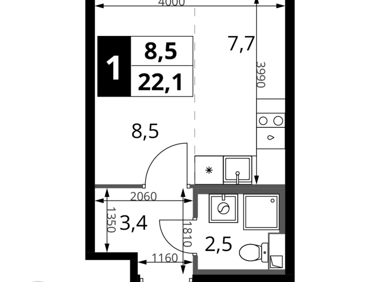 Студия 1 комната 22 м² Химки, Россия