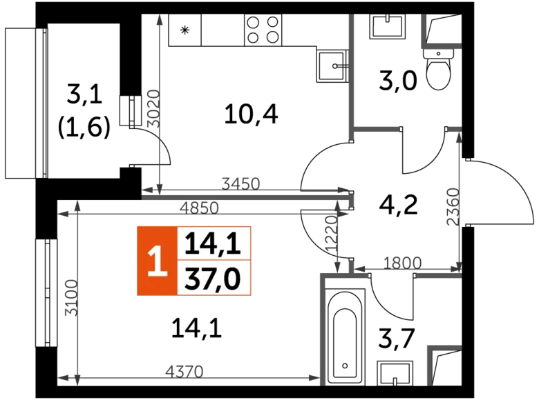 Квартира 1 комната 37 м² Развилка, Россия