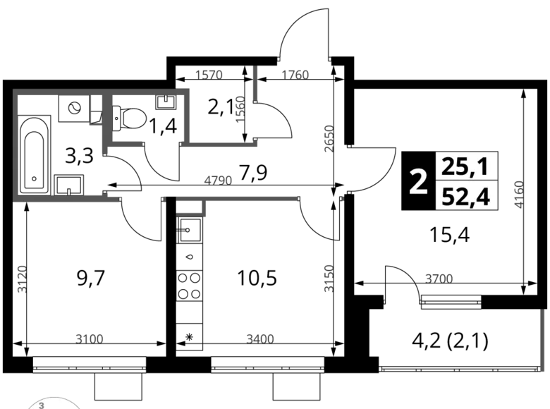 Квартира 2 комнаты 52 м² Ленинский район, Россия