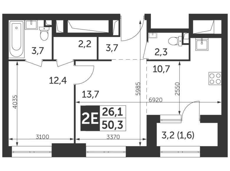 2 room apartment 50 m² North-Eastern Administrative Okrug, Russia