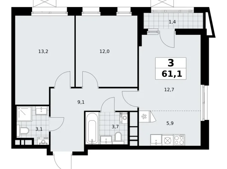 Apartamento 3 habitaciones 61 m² poselenie Sosenskoe, Rusia