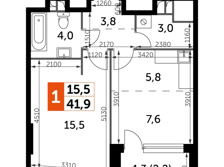 Квартира 1 комната 42 м² Москва, Россия