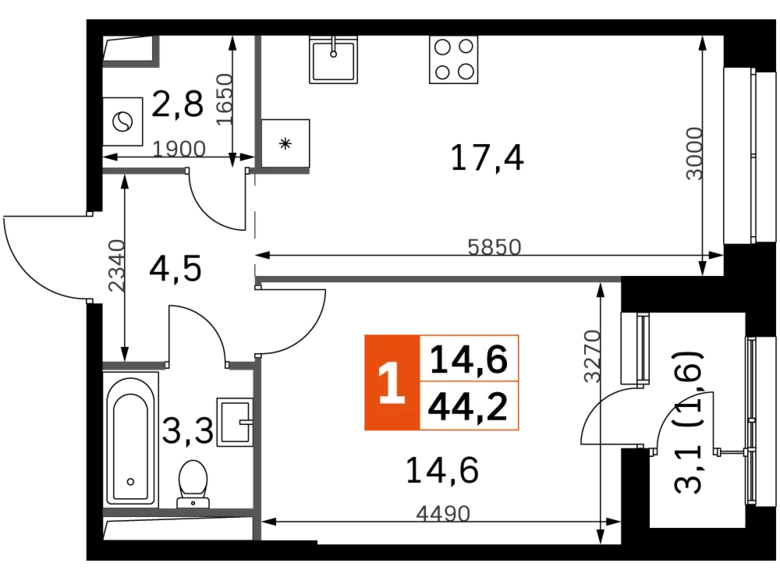 Квартира 1 комната 44 м² Москва, Россия