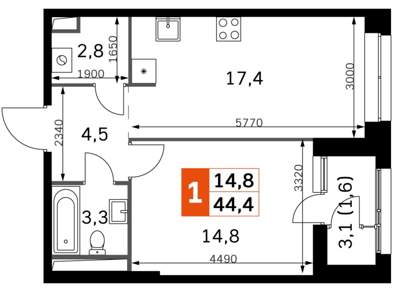 Mieszkanie 1 pokój 45 m² Moskwa, Rosja