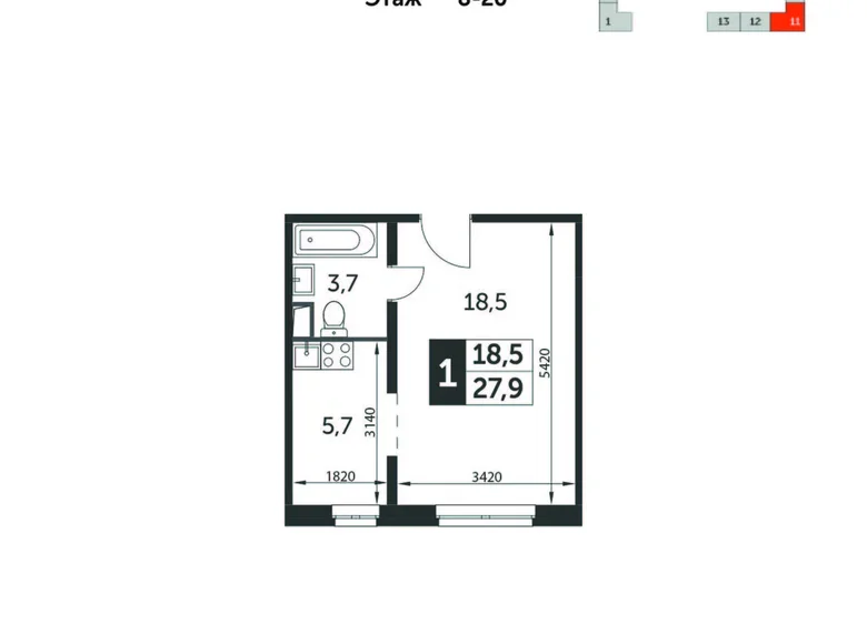 Студия 1 комната 28 м² Москва, Россия