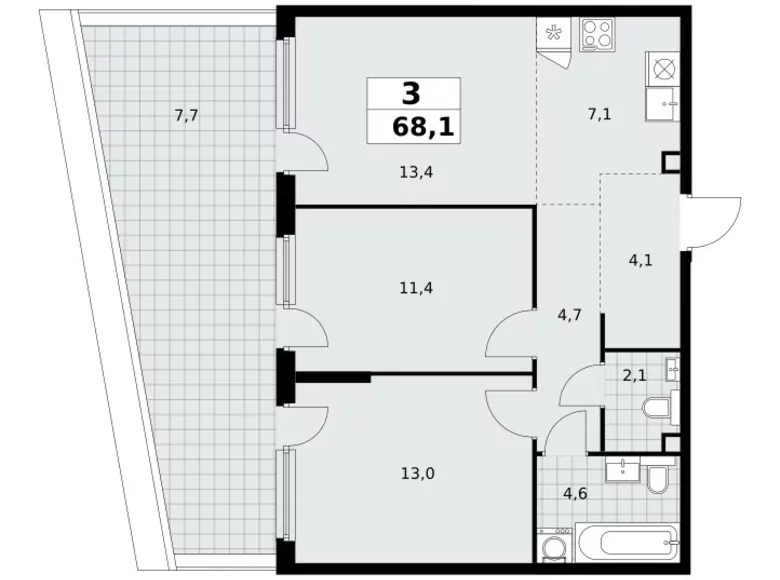 3 room apartment 68 m² Moscow, Russia