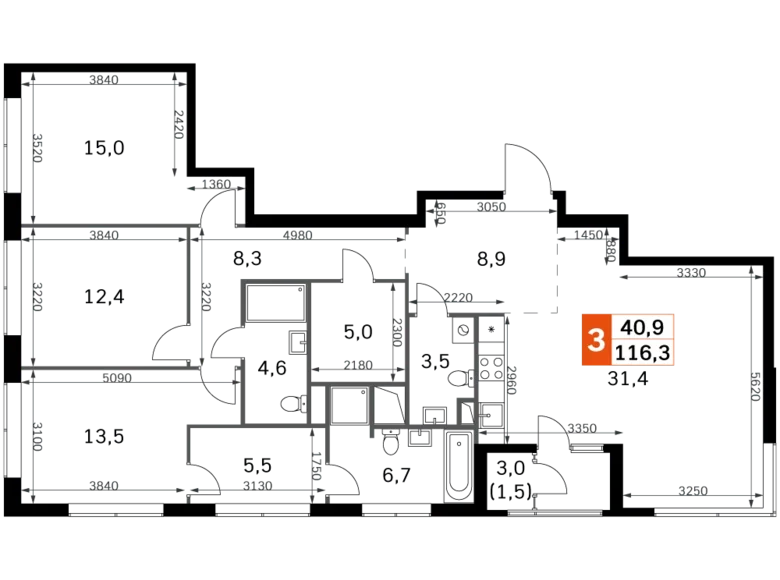 4 room apartment 116 m² Moscow, Russia