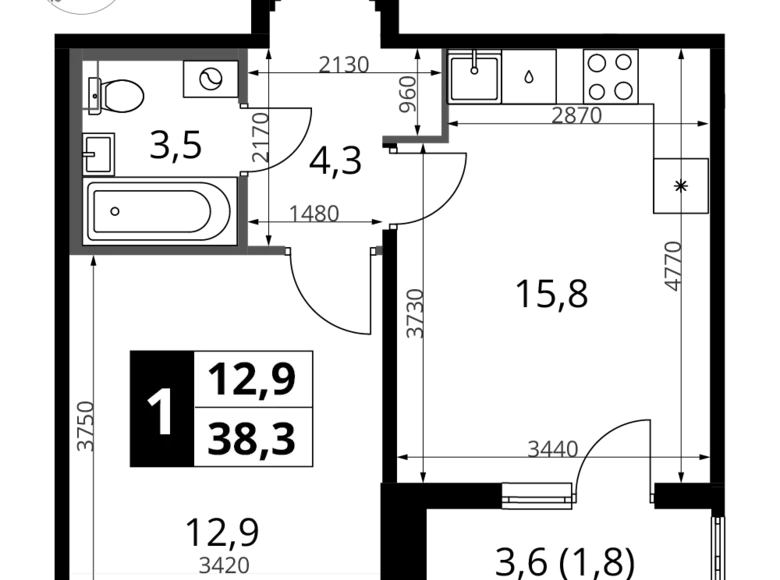 Квартира 1 комната 38 м² Химки, Россия