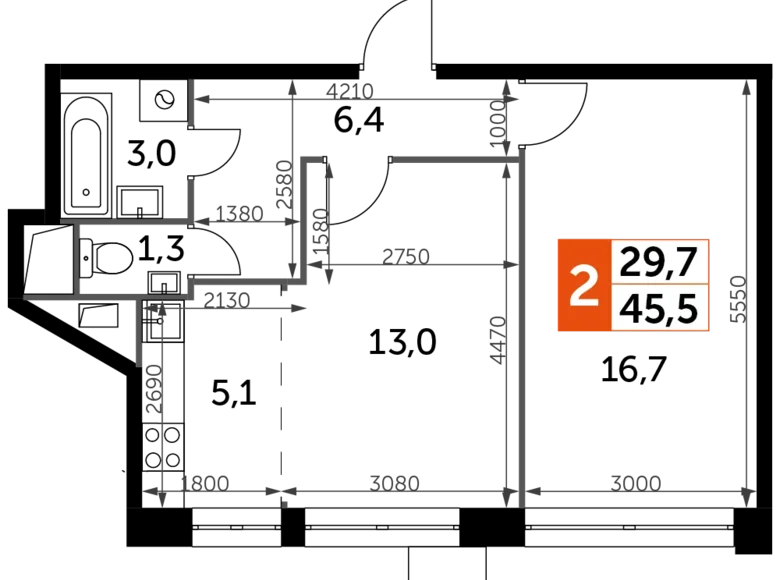 Wohnung 2 Zimmer 45 m² Veshki, Russland