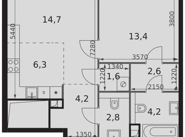 2 room apartment 50 m² North-Western Administrative Okrug, Russia