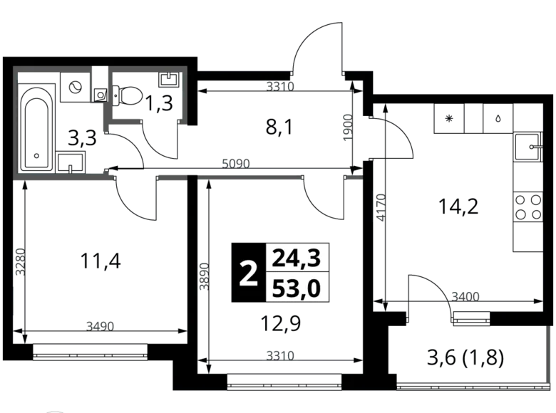 Appartement 2 chambres 53 m² Leninsky District, Fédération de Russie