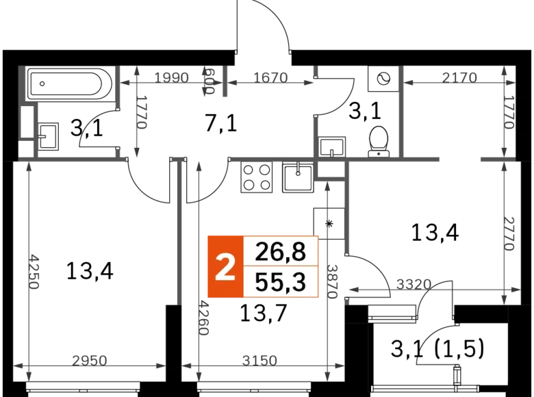 Appartement 2 chambres 55 m² Moscou, Russie