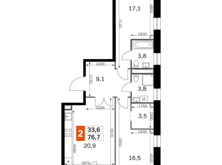 Apartamento 2 habitaciones 77 m² Moscú, Rusia