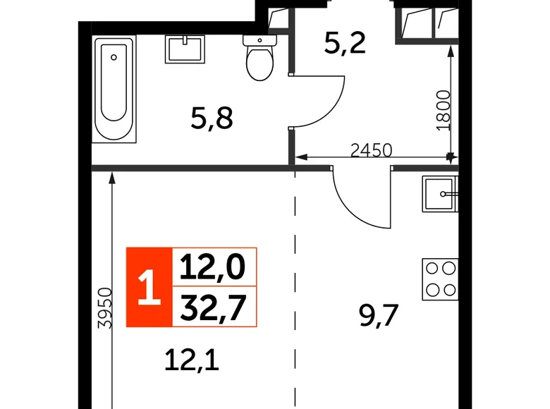 1 room apartment 33 m² North-Western Administrative Okrug, Russia