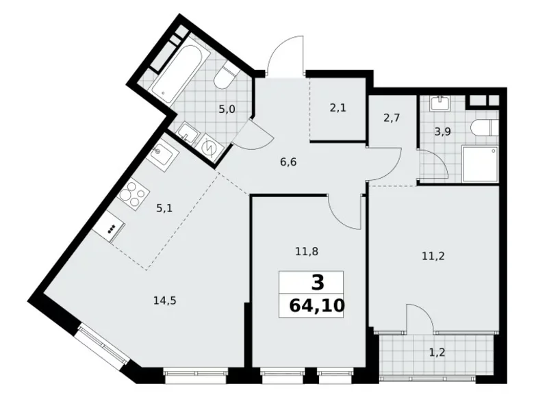 3 room apartment 64 m² Northern Administrative Okrug, Russia