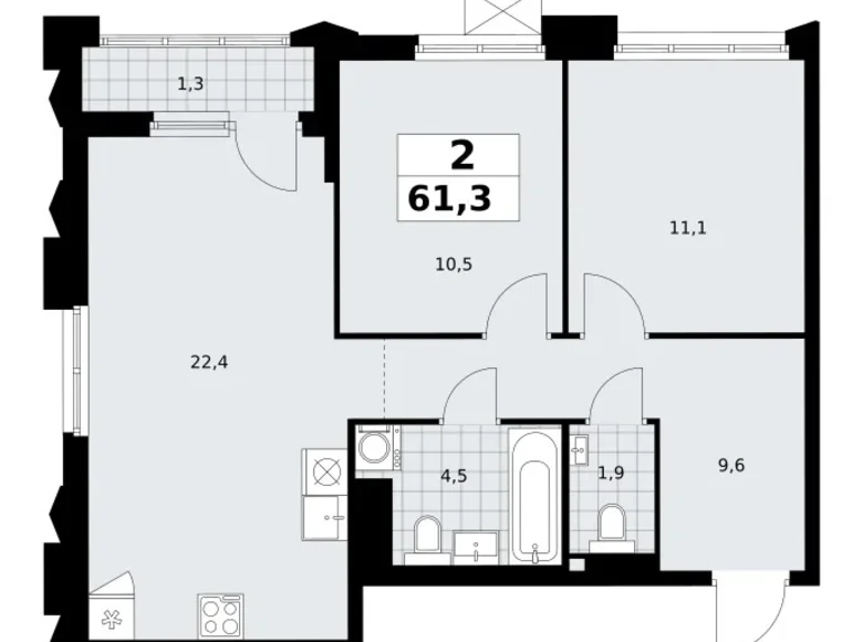 Appartement 2 chambres 61 m² Troïtsk, Russie