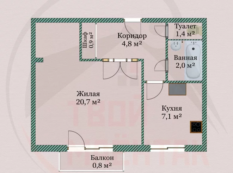 Квартира 37 м² Городище, Беларусь