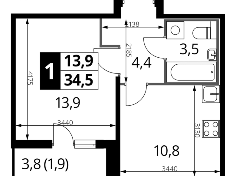 Mieszkanie 1 pokój 34 m² Nekrasovka District, Rosja