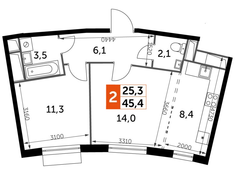 Mieszkanie 2 pokoi 46 m² Razvilka, Rosja