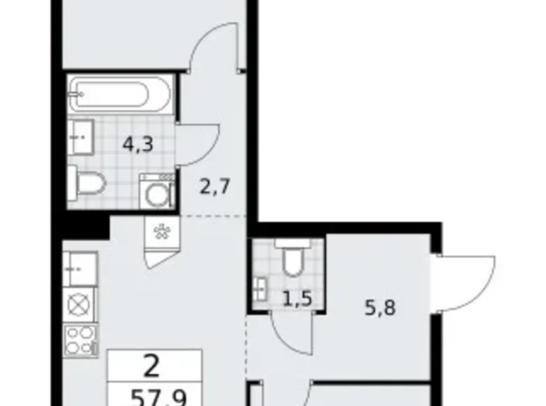 2 room apartment 58 m² Troitsk, Russia