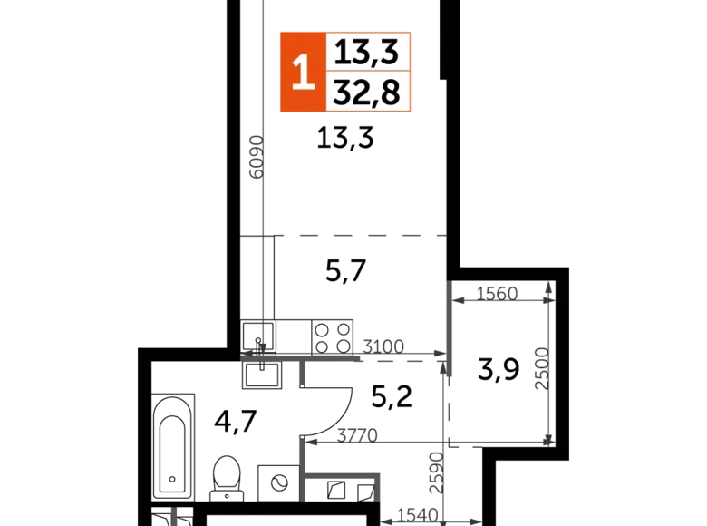 1 room apartment 33 m² Moscow, Russia