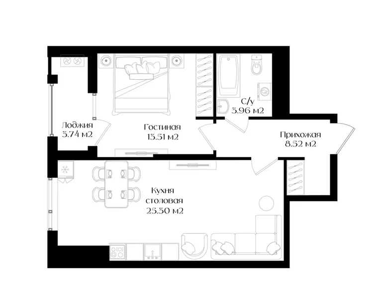 Квартира 1 комната 51 м² Ташкент, Узбекистан