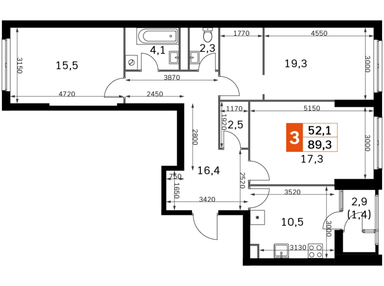 3 room apartment 89 m² Moscow, Russia