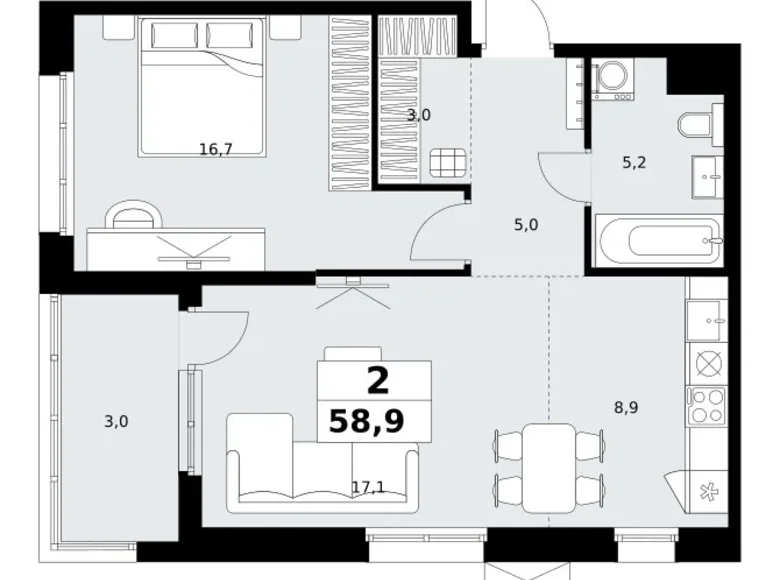 2 room apartment 59 m² Kommunarka, Russia