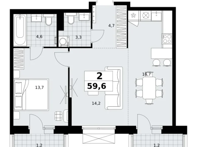 2 room apartment 60 m² Kommunarka, Russia