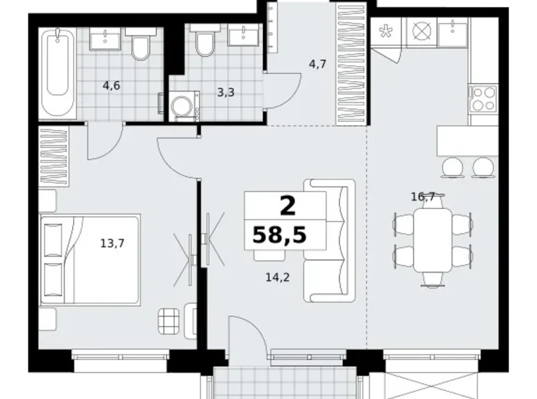 2 room apartment 59 m² Kommunarka, Russia