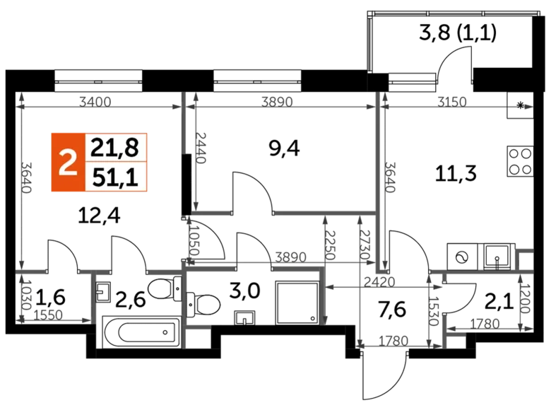 2 room apartment 51 m² Borodino, Russia